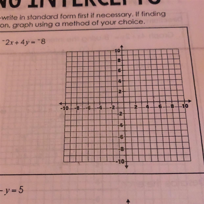 Graph each equation using the intercepts. Re-write in standard form first if necessary-example-1