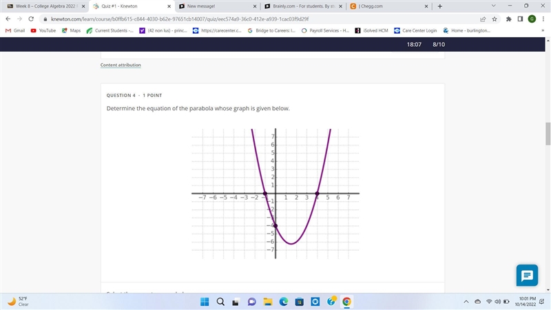 Determine the equation of the parabola whose graph is given below. A parabola on a-example-1