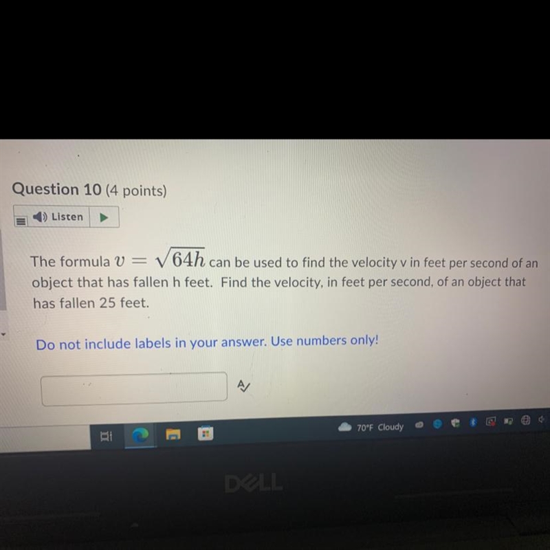 Find the velocity, and feet per second of an object that has fallen 25 feet-example-1