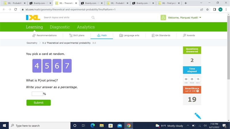 You pick a card at random.4567What is P(not prime)?Write your answer as a percentage-example-1