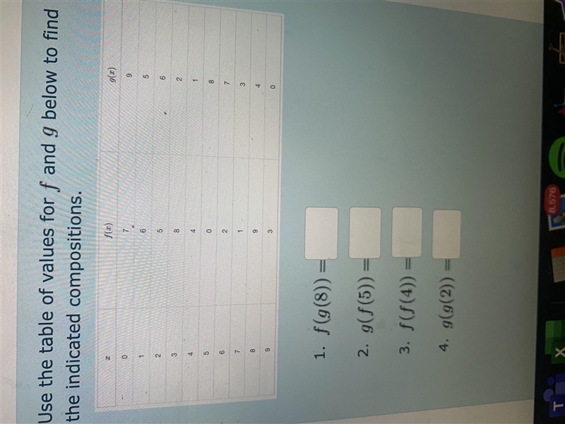 Use the table of values for f and g below to find the indicated compositions.f(g(8))=Answerg-example-1