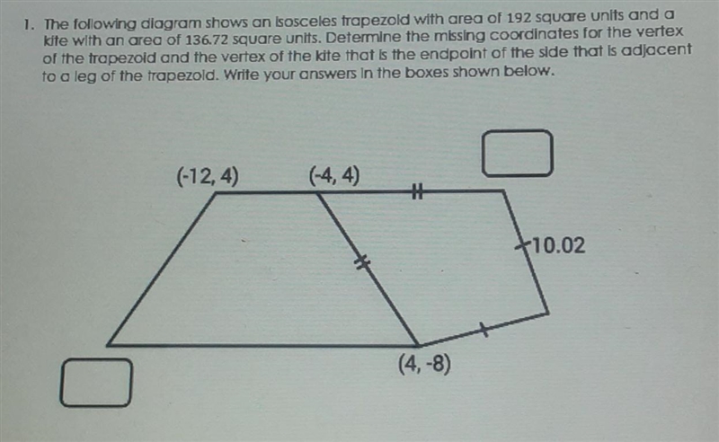 1. The following diagram shows an isosceles trapezold with area of 192 square units-example-1