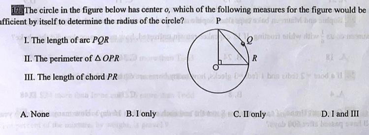 17 The circle in the figure below has center 0, which of the following measures for-example-1