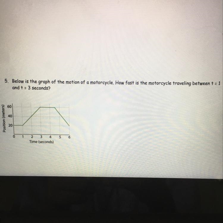 5. Below is the graph of the motion of a motorcycle. How fast is the motorcycle traveling-example-1