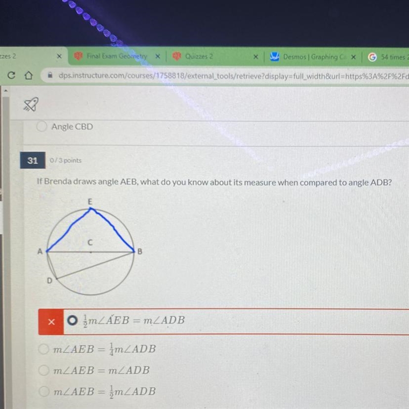 What do you know about measure AEB compared to angle ADB?-example-1