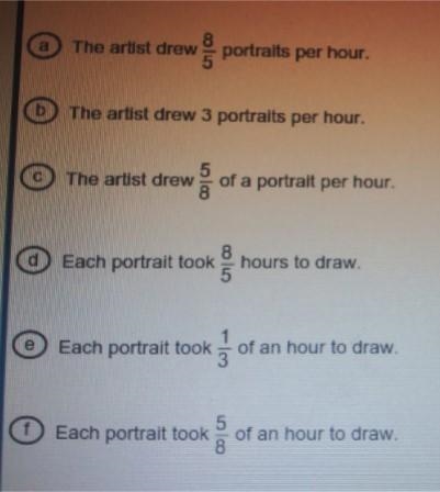 An artist takes 5 hours to draw 8 portraits. The artist works at a constant rate. Which-example-1