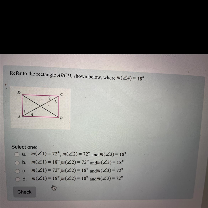 Refer to the rectangle ABCD, shown below, where m(<4)=10degrees. Need help.-example-1