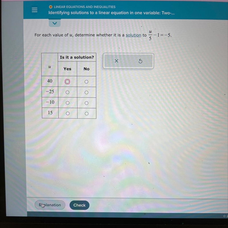 For each value of u, determine whether it is a solution to u/5 - 1 = -5, correct answers-example-1