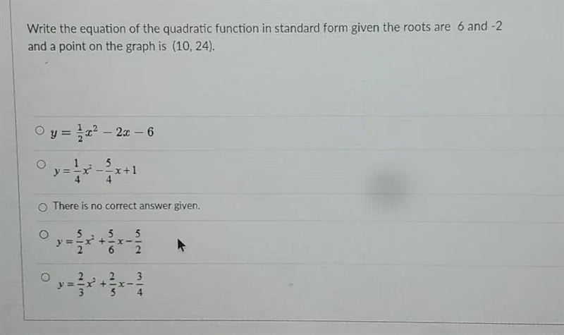 Write the equation of the quadratic function in standard form given the roots are-example-1