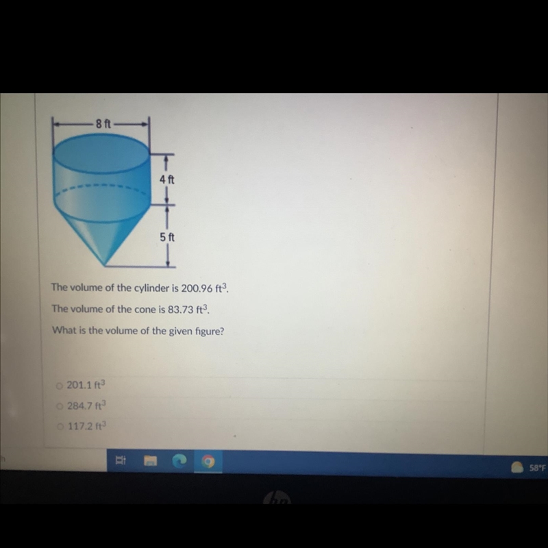 The volume of the cylinder is 200.96 the volume of the cone is 83.73 what is the volume-example-1