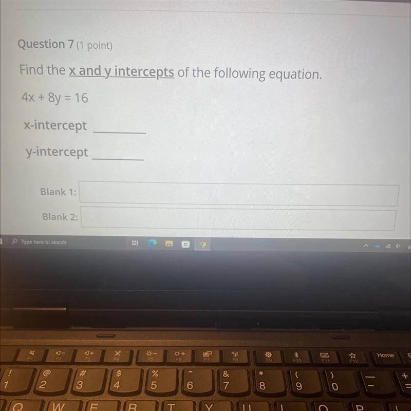 Find the x and y intercepts of the following equation. Fill in blank one and blank-example-1