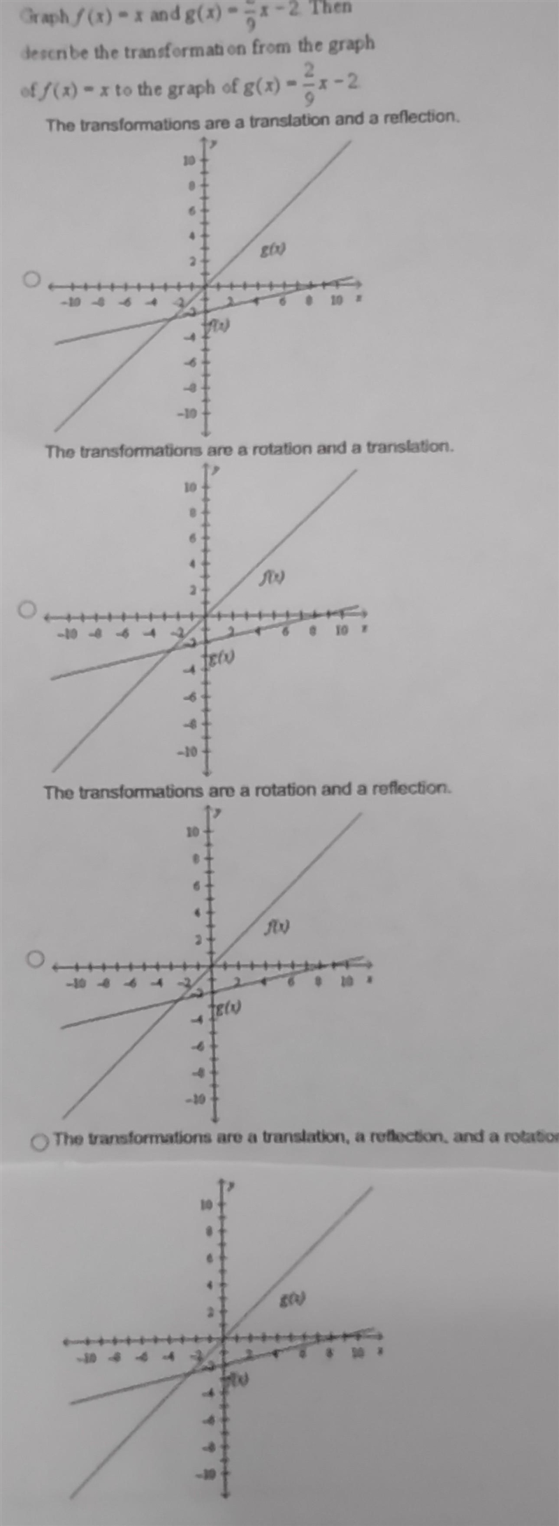 Graph f (x) = x and g (x) = 2/9x -2. Then describe the transformation from the graph-example-1