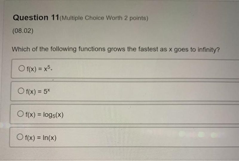 Which of the following functions grows the fastest as × goes to infinity?-example-1