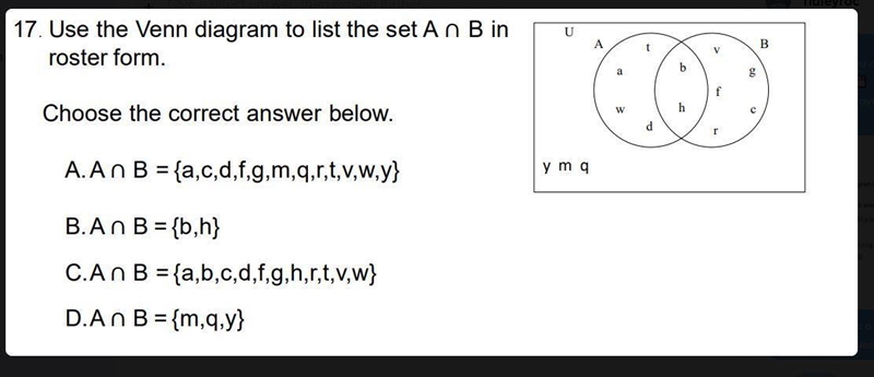 Use the Venn diagram to list the set A ∩ B inroster form.-example-1