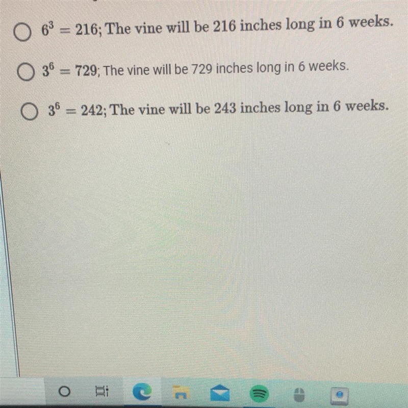 Choose and evaluate an exponential expression that models the situation.A 1-inch vine-example-1