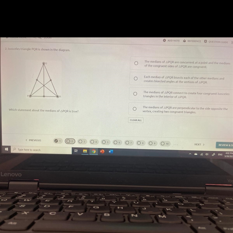 2. Isosceles triangle PQR is shown in the diagram.PWhich statement about the medians-example-1