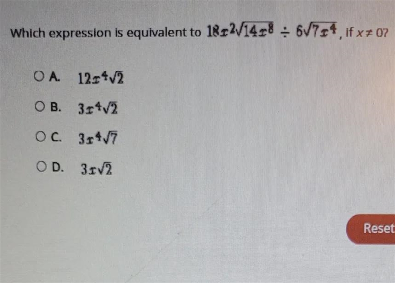 Which expression is equivalent to 18-2V14r8 67704, if x + 0? O A. 12.142 OB. 3.42 O-example-1