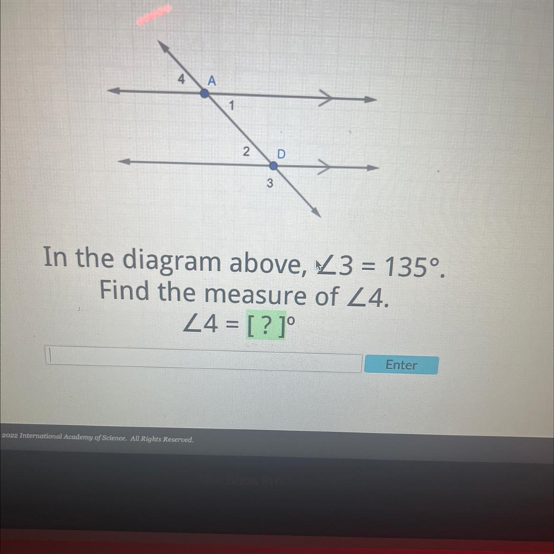 In the diagram above <3 = 135 degrees find the measure of <4-example-1