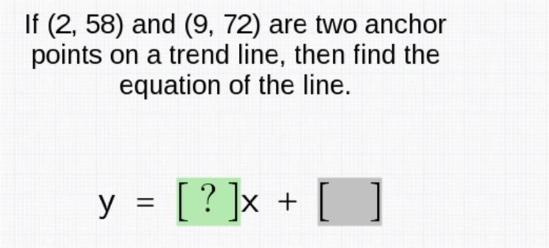 If (2,58) and (9,72) are two anchor points on a trend line, then find the equation-example-1