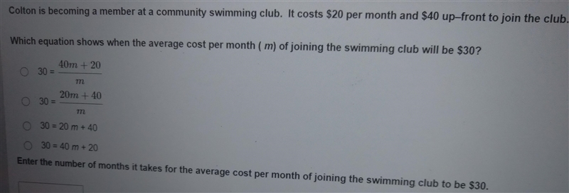 Which equation shows when the average cost per month (m)of joining the swimming club-example-1