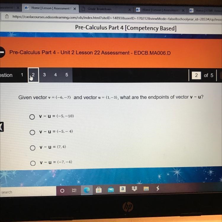 Given vector v = (-6, -7) and vector u = (1, -3), what are the endpoints of vector-example-1