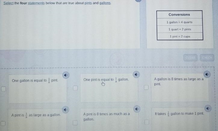 Select the four statements below that are true about pints and gallons-example-1