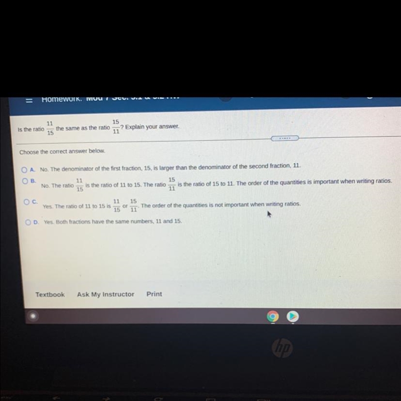 Is the ratio 11/15 the same as 15/11 Choose the correct answer below A,B,C or D-example-1