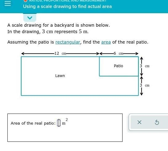 A scale drawing for a backyard is shown below. In the drawing, 3cm represents 5m. Assuming-example-1