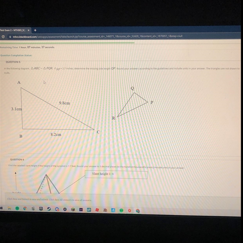 Question 5 only. determine the missing side length QP. the triangles are not drawn-example-1