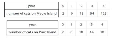 The tables show the cat population on two islands over several years. Describe mathematically-example-1