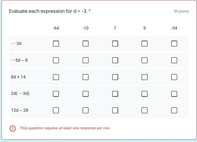 Help Evaluate each expression for d = -3.-example-1