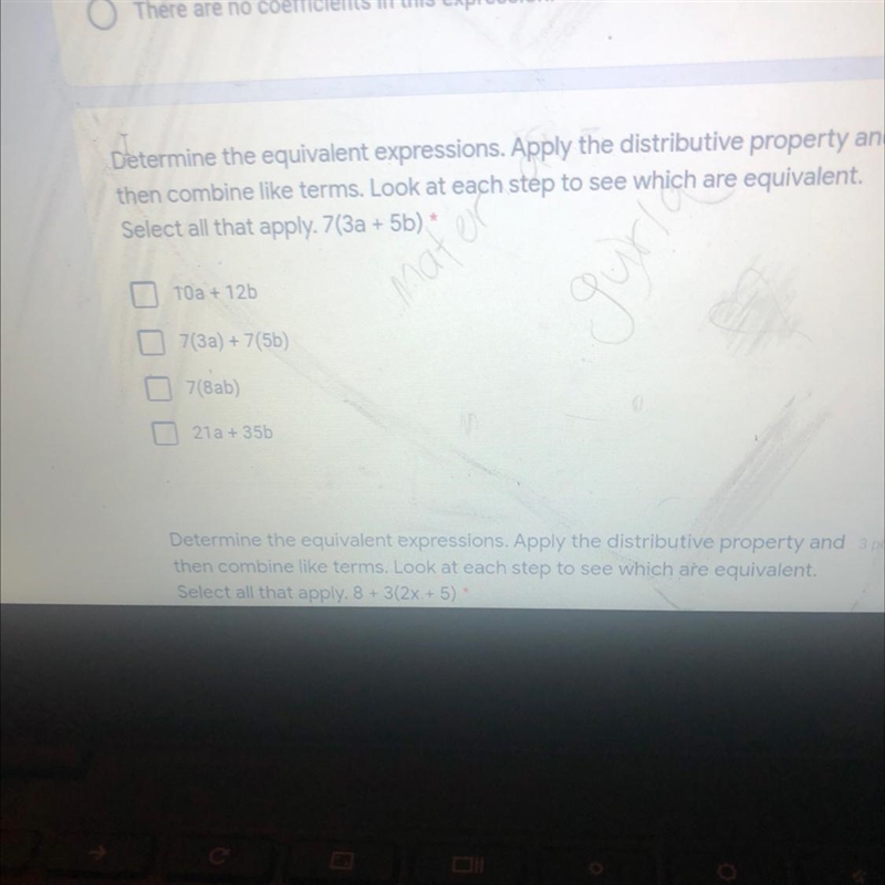 Determine the equivalent expression. Apply the distributive property and then combine-example-1