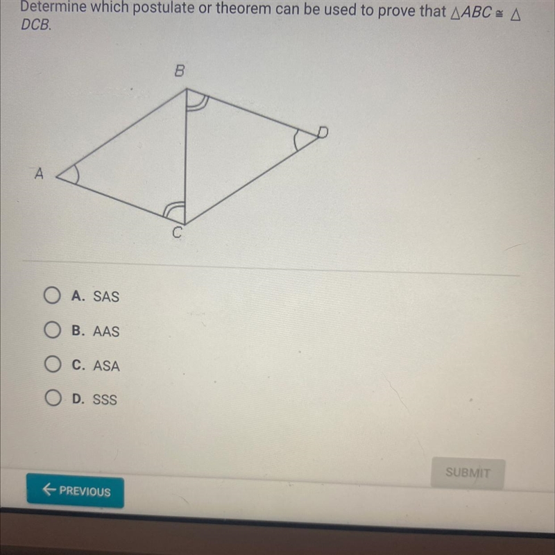 Determined which postulate or theorem can be used to prove that AABC = ADCB.-example-1