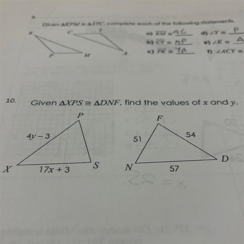 10. Given AXPS ADNF, find the values of x and y.-example-1