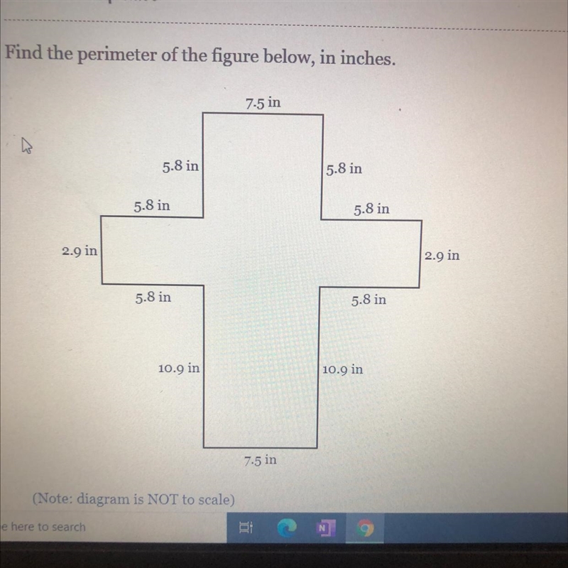 Find the perimeter of the figure below, in inches.7-5 in5.8 in5.8 in5.8 in5.8 in2.9 in-example-1