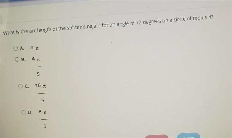 What is the arc length of the subtendong arc for an angle of 72 degrees in a circle-example-1