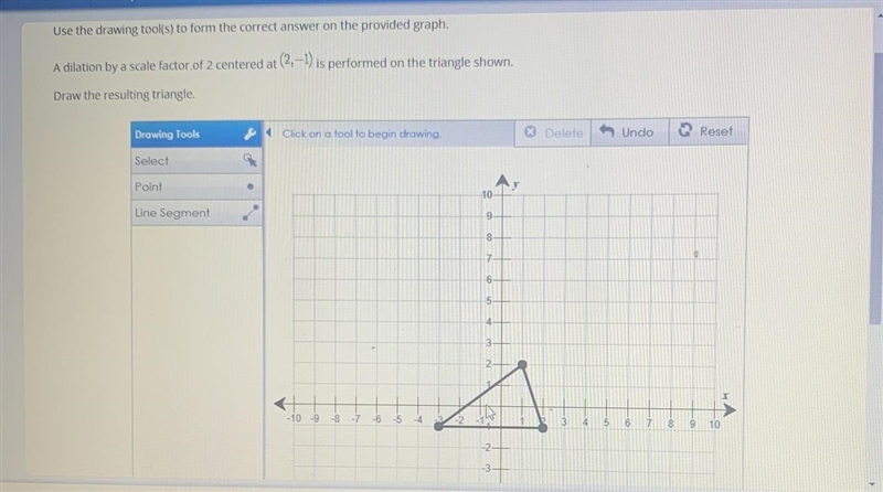 A dilation by a scale factor od 2 centered at (2,-1) is performed on the triangle-example-1