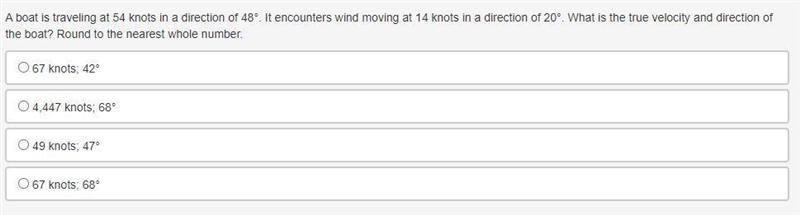 A boat is traveling at 54 knots in a direction of 48°. It encounters wind moving at-example-1