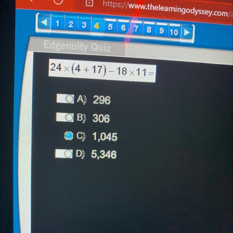 24x(4+17)-18x11= A 296 B 306 C 1,045 D) 5,346-example-1