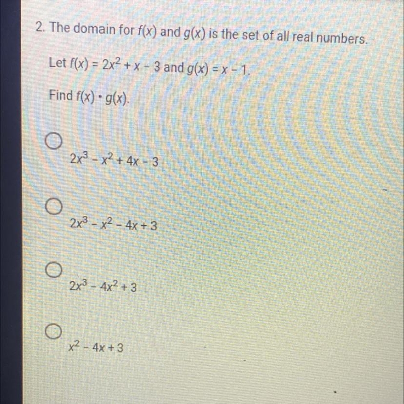 The domain for f(x)=2x^2+x-3 and g(x) = x-1. find f(x) * g(x)-example-1