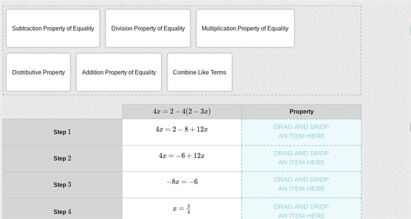 hey i need help! question: Tyrone solved the equation 4x=2−4(2−3x).Match the property-example-1