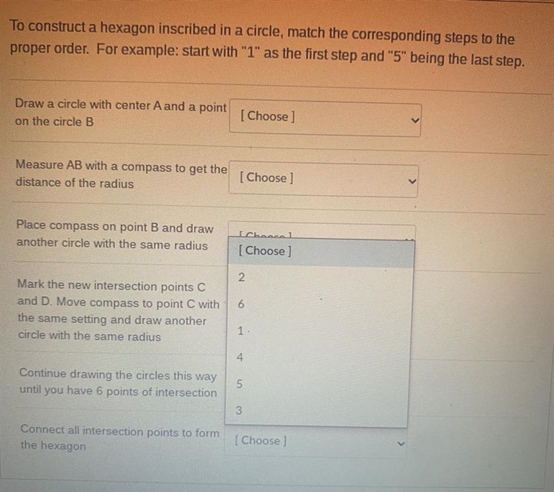 To construct a hexagon inscribed in a circle, match the corresponding steps to the-example-1