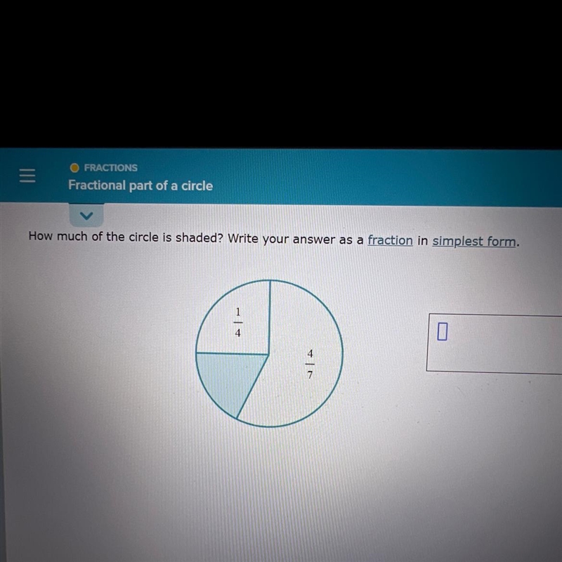 How much of the circle is shaded? Write your answer as a fraction in simplest form-example-1