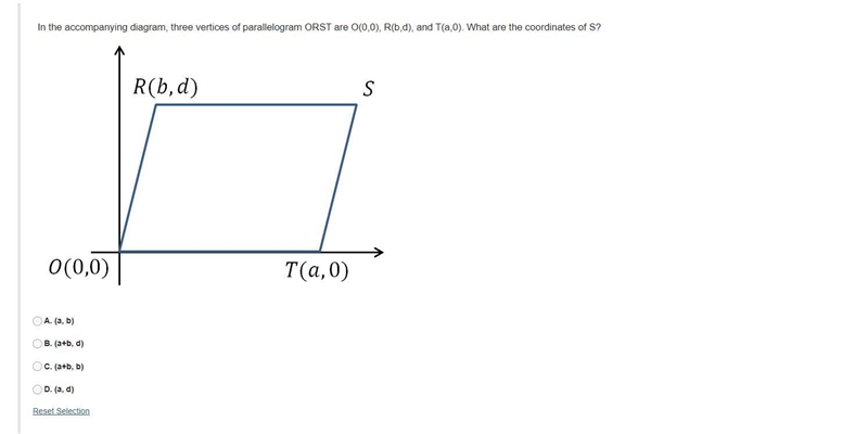 In the accompanying diagram, three vertices of parallelogram ORST are O(0,0), R(b-example-1