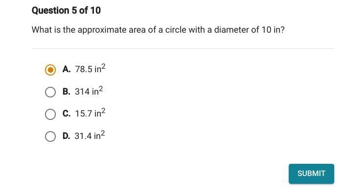 What is the approximate area of a circle with a radius of 10 in?-example-1