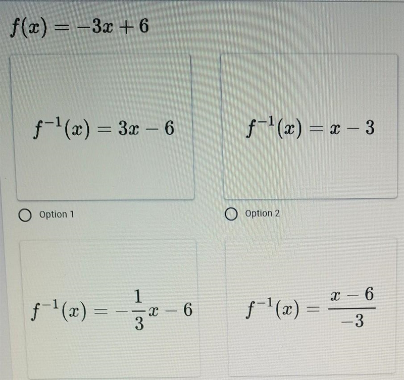 Find the inverse of the function Which of the four options is it?-example-1