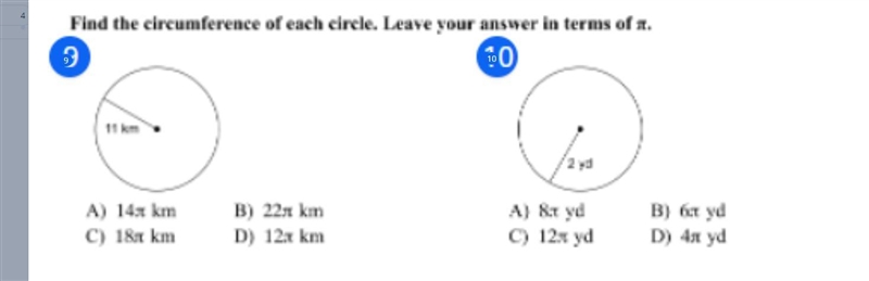 Find the circumference of each circle, leave your answer in terms of pi ℼFirst circle-example-1