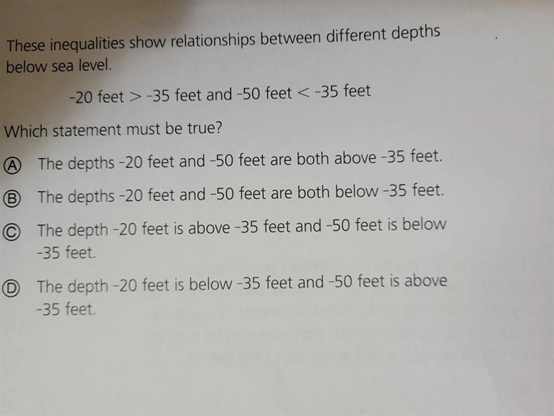 These inequalities show relationships between different depths below sea level. -20 feet-example-1