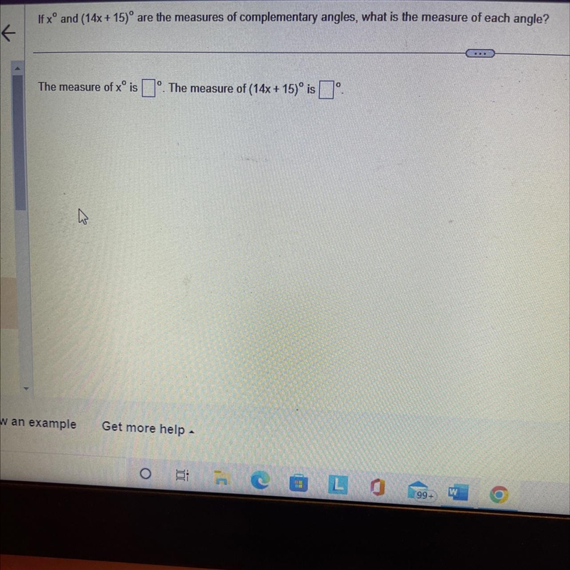 If x degree and (14+15) are the measures of complementary angles what is the measure-example-1