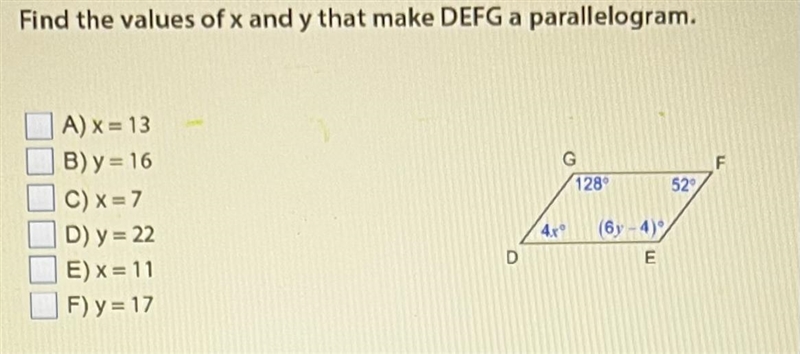 Find the values of x and y that make DEFG a parallelogram-example-1